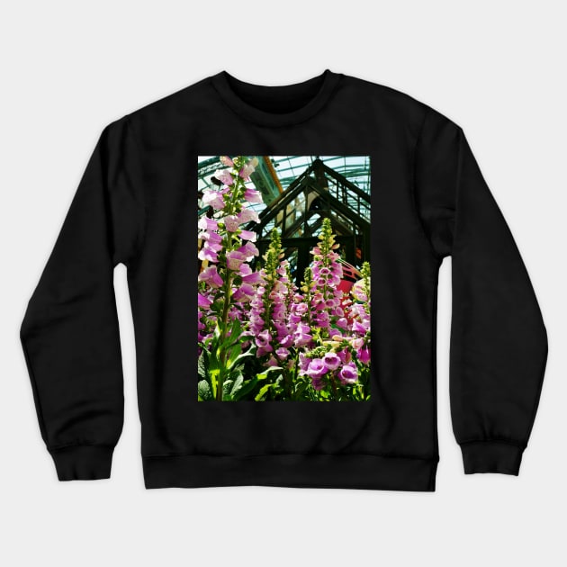 Pink Foxglove Framing a Glass Greenhouse Crewneck Sweatshirt by 1Redbublppasswo